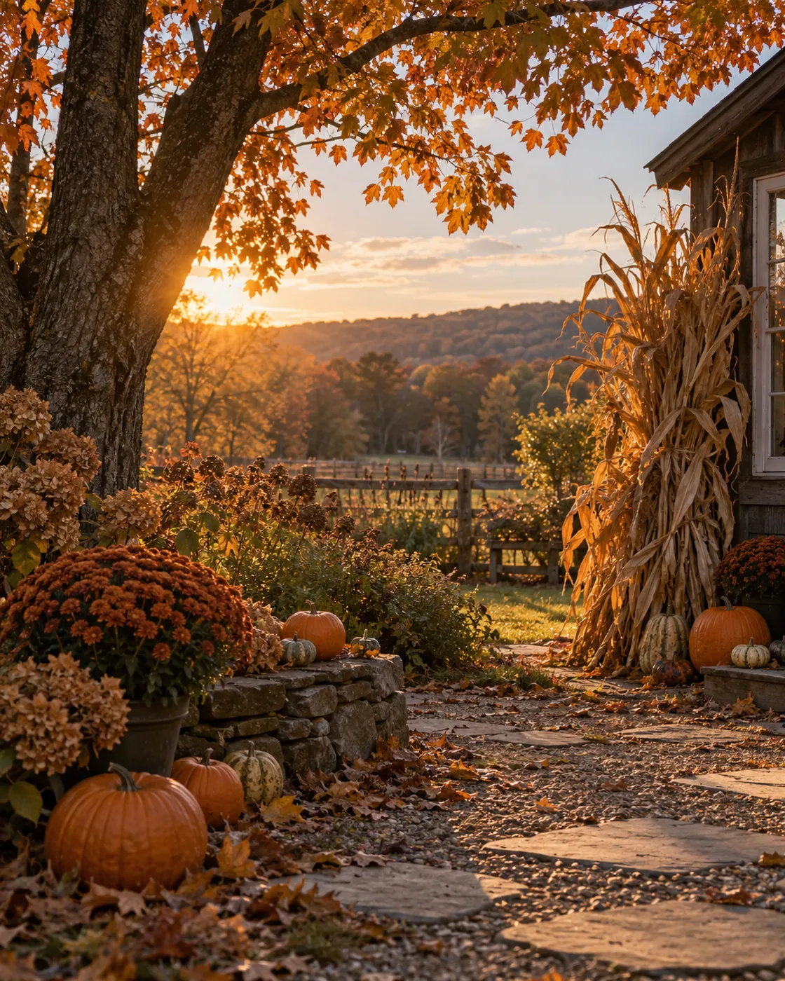 Autumn garden with pumpkins