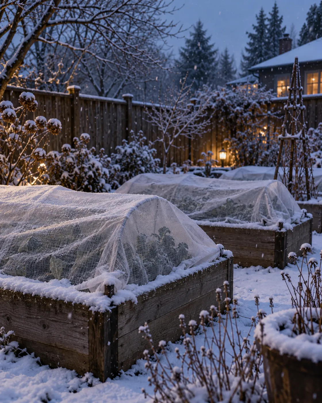 Winter garden under light snow